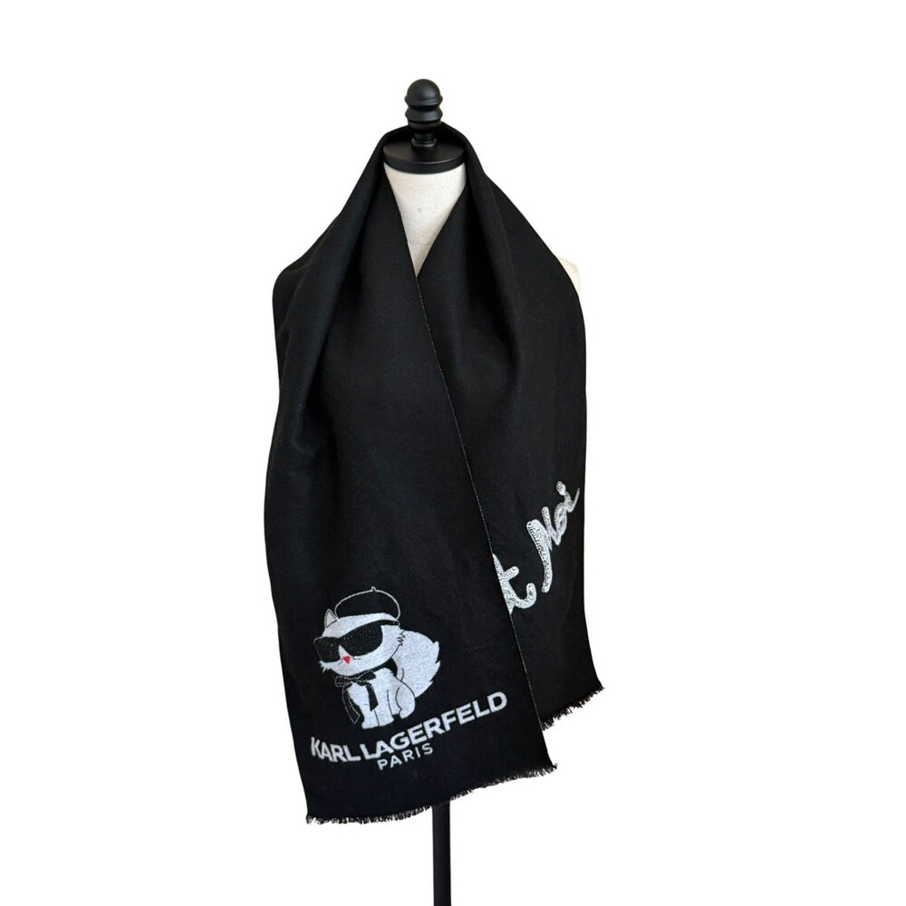 Karl Lagerfeld Paris Black Cat Moi Rhinestone Logo Fringe Scarf Wrap Shawl